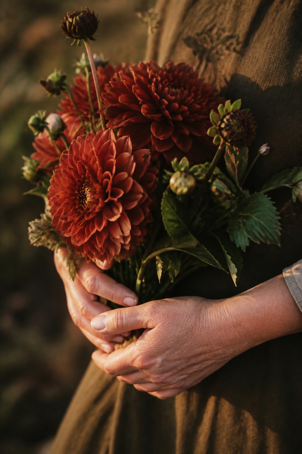 Hands holding deep red dahlias